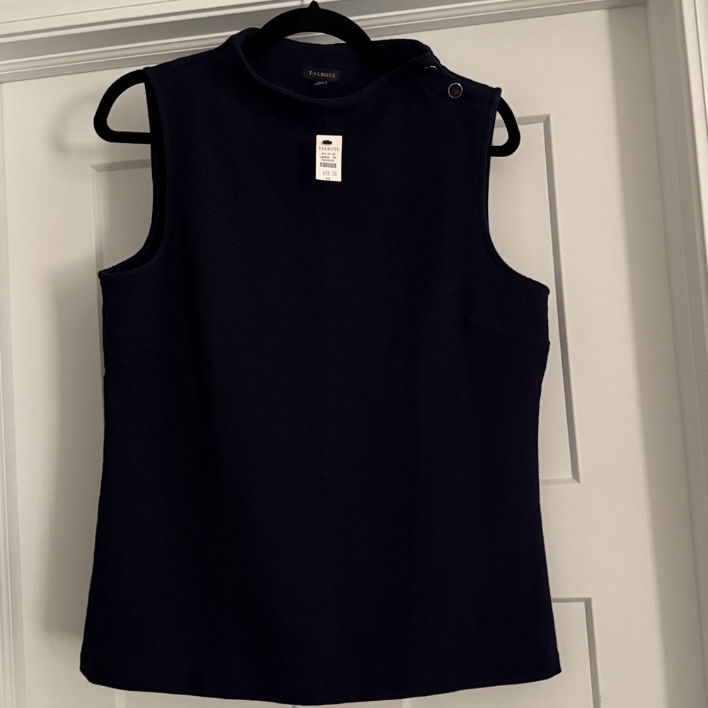 Talbots Dark Blue Sleeveless Blouse With buttons on neck.